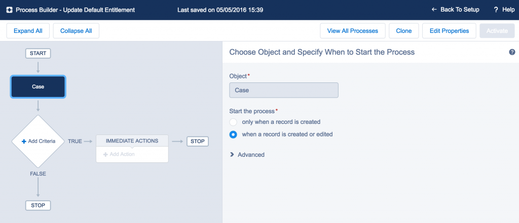 Case object selected in Process Builder